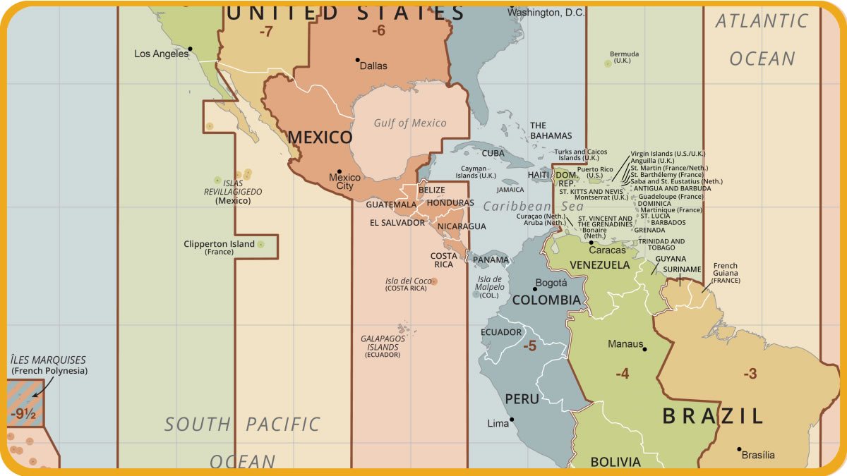 Free Central America Time Zone Map